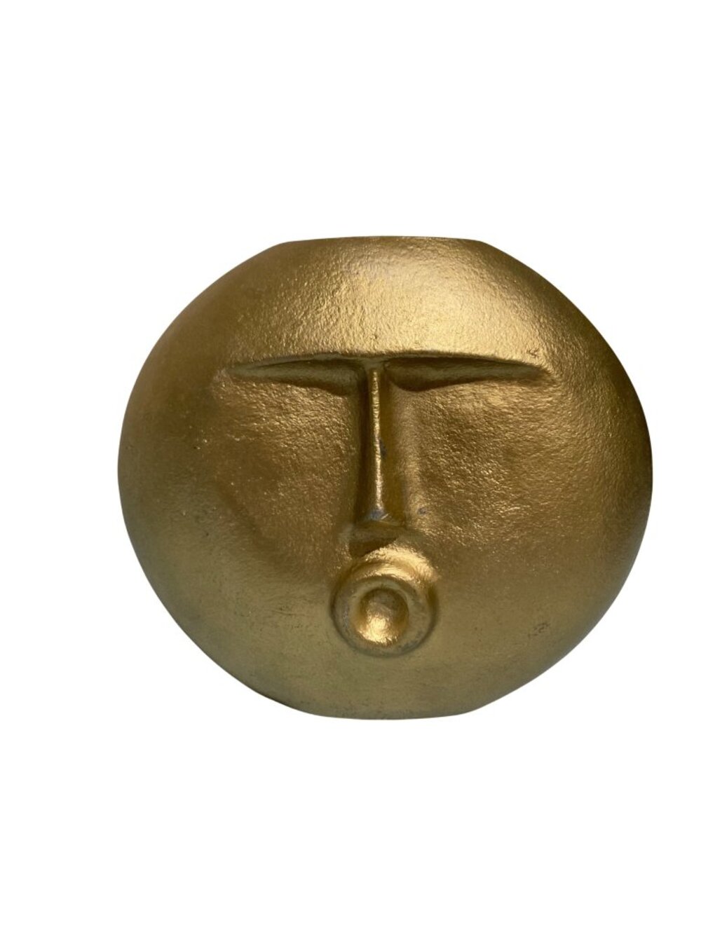 Gold Tone Round Face Vase Sculpture Made From Cast Metal